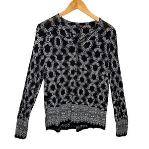 Lucky Brand Boho Henley Blouse M Black White Geometric Border Print Peasant Top